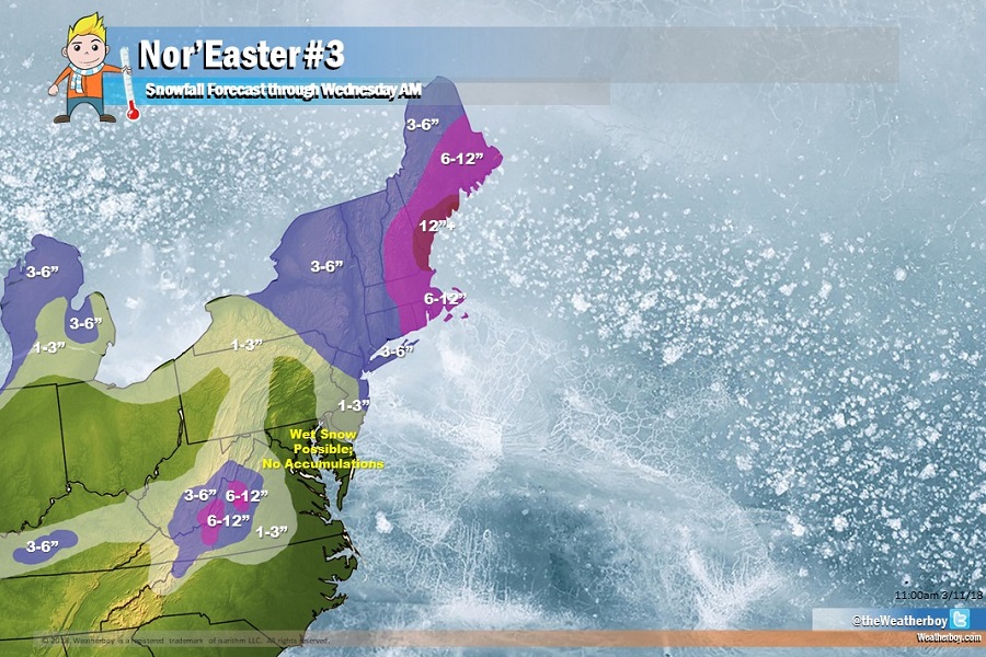 More significant snow is expected in the northeast as a result of the impact of yet another nor'easter. The heaviest snow is expected to fall over portions of West Virginia and Virginia and eastern New England. Image: Weatherboy