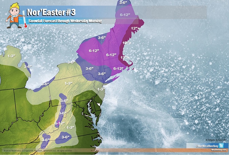 Heavy snow is expected to fall in the northeast from the third nor'easter to impact the region in less than 2 weeks.  Image: Weatherboy