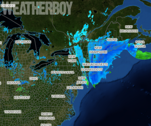 RADAR from Weatherboy.com at noon shows heavy snow continuing to fall over eastern New England from today's blizzard. Image: weatherboy.com