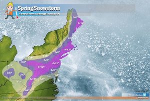 The first storm of springtime in the northeast will be a winter storm: heavy snow, gusty winds, and coastal flooding will impact portions of the Mid Atlantic and southeastern New England this week, with the greatest impacts Wednesday into Wednesday night. Image: Weatherboy