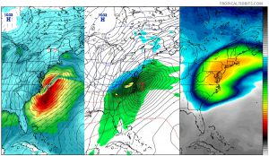 Computer generated forecast guidance continues to suggest at least two more sizable east coast winter storms before March wraps up. This output from the American GFS model depicts upper-level and surface weather conditions as well as a computer-projected satellite view of what could be a major east coast storm towards the end of March. Image: tropicaltidbits.com