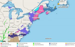 Winter Weather Advisories (purple) and Winter Storm Warnings (pink) are up across portions of the Mid Atlantic and Northeast. Blizzard Warnings (red) are up for extreme southeastern New England.  Image: Weatherboy.com