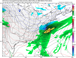 The latest American GFS forecast model suggests the storm will track just off-shore this weekend, producing more of a "close-call" than a "direct-hit" to many along the East Coast. Image: tropicaltidbits.com