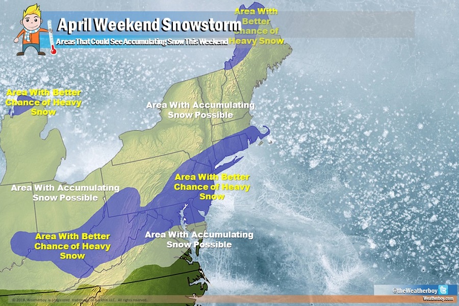 Another round of snow will impact portions of the Mid Atlantic and Northeast this weekend. Areas in white show where accumulating snow is possible while areas in blue reflect places there's a better chance for heavy snow. Image: Weatherboy