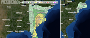 The convective outlook shows the most severe storms popping up this evening in the southeast on the left, the right shows where there's a lingering thunderstorm threat into Monday morning. Image: weatherboy.com