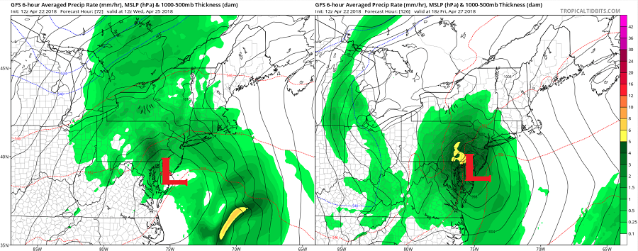 Two low pressure systems could provide a 1-2 punch to portions of the northeast with soaking rains in the coming days. Image: TropicalTidbits.com