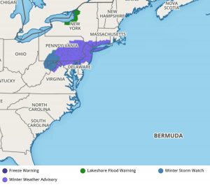 The National Weather Service has issued Winter Storm Watches and Winter Weather Advisories ahead of the Easter Sunday evening storm. Image: Weatherboy.com