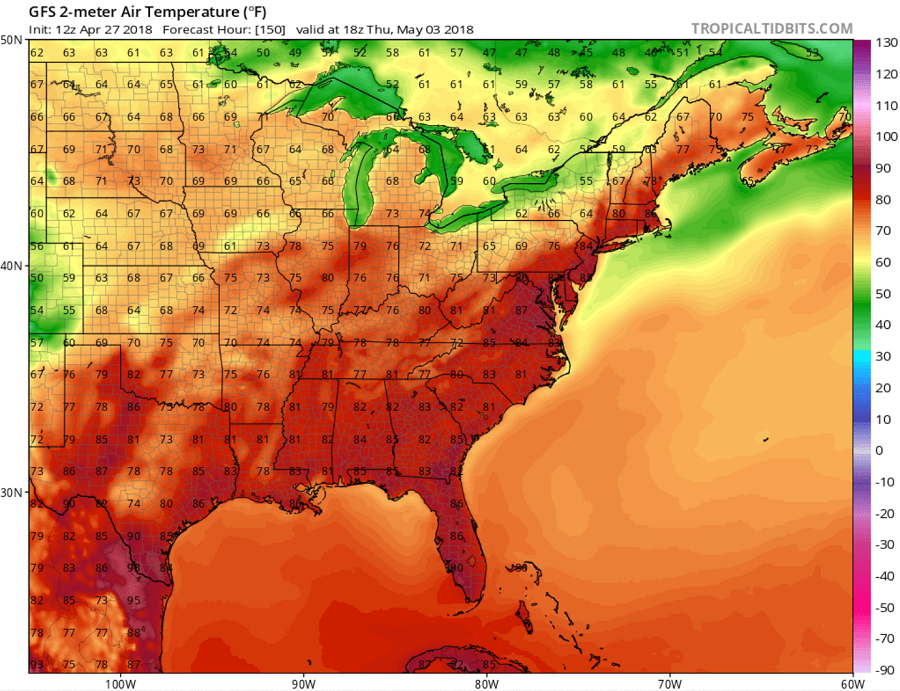 Temperatures will rise into the mid to upper 80s in portions if the Mid Atlantic next week. This chart shows the American GFS forecast model 2m temperature projection for Thursday afternoon.  Image: tropicaltidbits.com