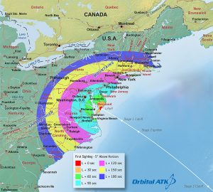 A large portions of the Mid Atlantic should be able to view the launch of Orbital ATK's Antares rocket in May. Image: Orbital ATK