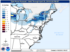 Expected snowfall amounts through April 20. Image: NWS