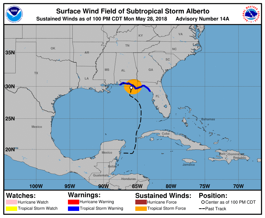 Subtropical Storm Alberto made landfall on the Florida panhandle. Image: NHC