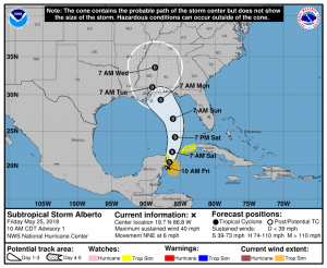 Tropical Storm Alberto has formed and is expected to impact the US Gulf Coast in the coming days. Image: NHC