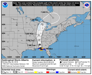Alberto will weaken significantly as its remnants move towards the Great Lakes region.  Image: NHC