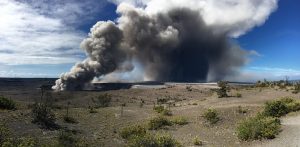 A large plume of ash rises from Kilauea on during the 2018 activity. Image: USGS
