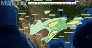 Today's Convective Outlook shows the greatest threat of severe weather in the darker green and yellow areas. Image: weatherboy.com