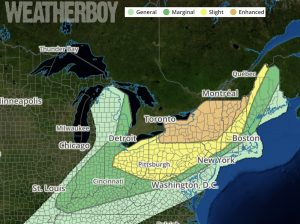 The Convective Outlook from the NWS Storm Prediction Center shows a higher than usual threat level of severe weather in the northeast today. Image: weatherboy.com