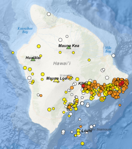 Map reflecting earthquake activity over the last week on Hawaii's Big Island, with orange dots reflecting yesterday's earthquakes and red reflecting today's. Image: USGS