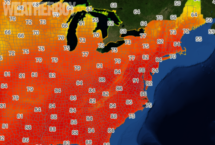 Highs in the 80s and 90s are expected in the coming days, as forecast maps from weatherboy.com show. 