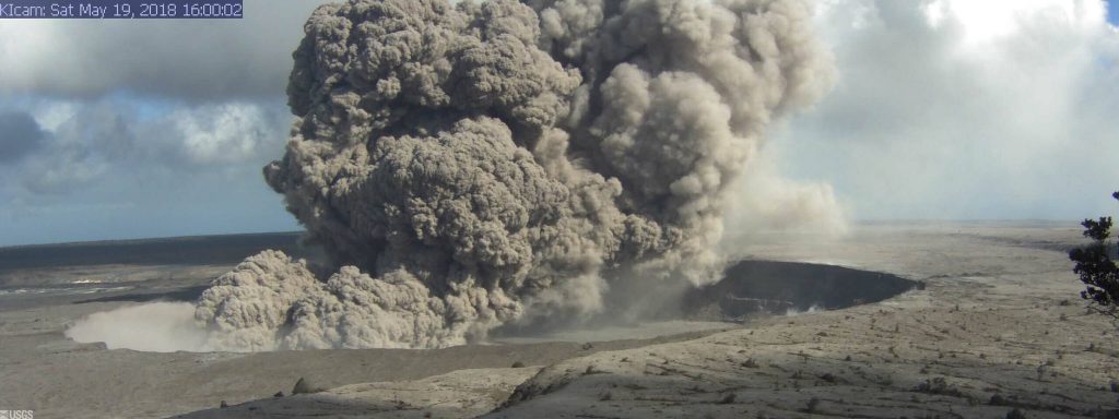 A USGS webcam captured this view of an explosive event at Kilauea that ejected accumulating ash into the area down-wind of the volcano. Image: USGS