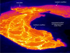 A thermal image shows active lava flows inside the Halema‘uma‘u crater floor at Kilauea volcano. Image: USGS