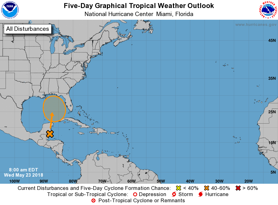 The National Hurricane Center is tracking a disturbance that could blossom into a cyclone over the next 5 days. Image: NHC