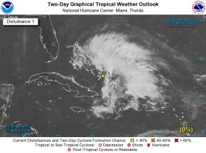 An area of disturbed weather near the Bahamas is being monitored by the National Hurricane Center. Image: NOAA