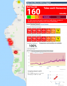 Based on air monitoring stations on the Big Island's west coast, "everyone may begin to experience health effects" from the volcanic haze that's there. Image: PurpleAir
