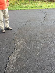 una residents reported to HVO geologists the recent appearance of ground cracks on a couple of roads in and around Leilani Estates. No steaming or heat were observed to originate from the cracks, and the cracks are currently still small (no more than several inches across). These cracks result from deformation of the ground surface due to the underlying intrusion of magma. Earthquake activity remains elevated in this area due to the ongoing intrusion. Image: USGS