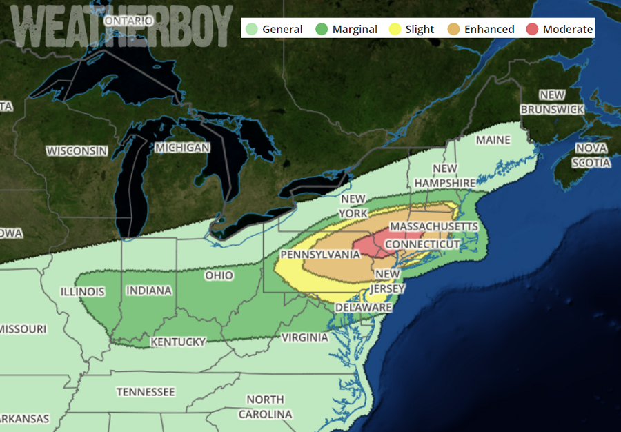 The latest Convective Outlook from the National Weather Service's Storm Prediction Center has the highest threat of severe thunderstorms over portions of New Jersey, Pennsylvania, New York, Massachusetts, and Connecticut today. Image: weatherboy.com