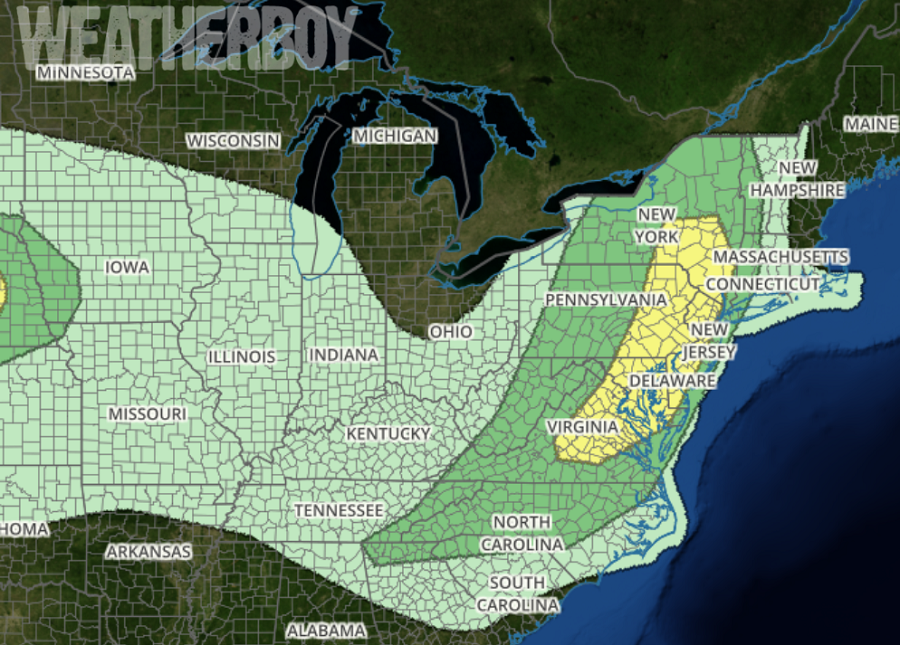 The National Weather Service's Storm Prediction Center's latest Convective Outlook shows the highest chance of severe storms in the darker green and yellow areas of this map. In the light green, there's a chance of thunderstorm activity, but they are not expected to become severe.  Image: weatherboy.com