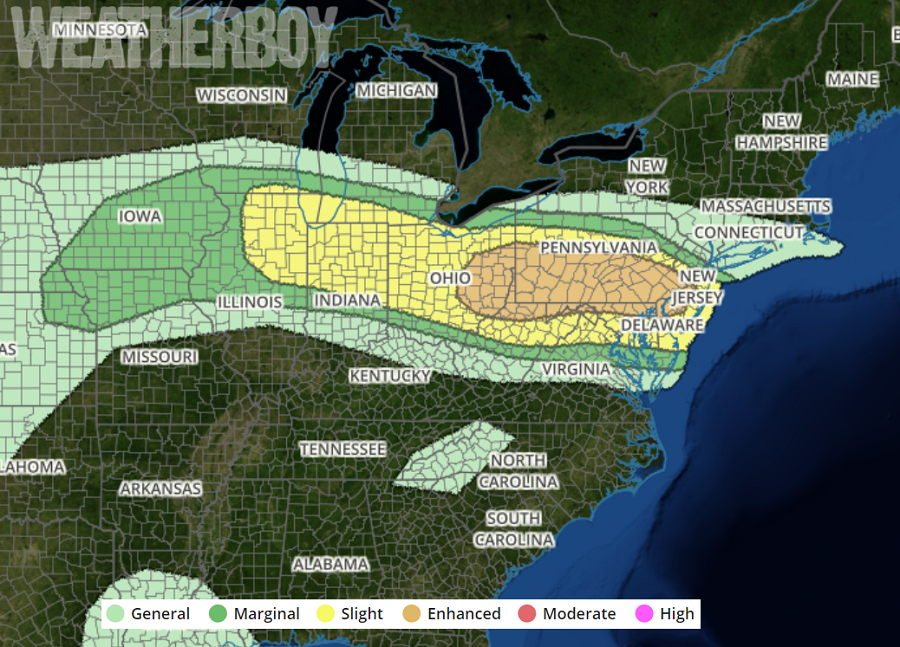 The National Weather Service's Storm Prediction center believes there's a risk of severe thunderstorms in the dark green, yellow, and orange areas; the highest risk area is the "enhanced" zone from Ohio to New Jersey in orange. Image: weatherboy.com