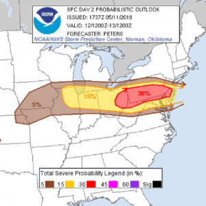 There's a higher risk of severe thunderstorms, possibly with tornadoes, in the red area on this map. Image: NWS/SPC
