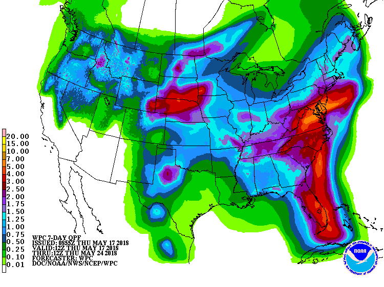 Soaking rains are expected over the US, with the heaviest amounts expected in the Mid Atlantic over the next 5 days. Image: NWS