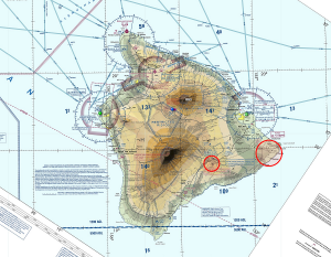 Red circles show areas of restricted airpsace due to volcanic acticity in Hawaii. These areas may expand significantly should ash enter airspace that commercial aircraft travels through. Image: Skyvector.com
