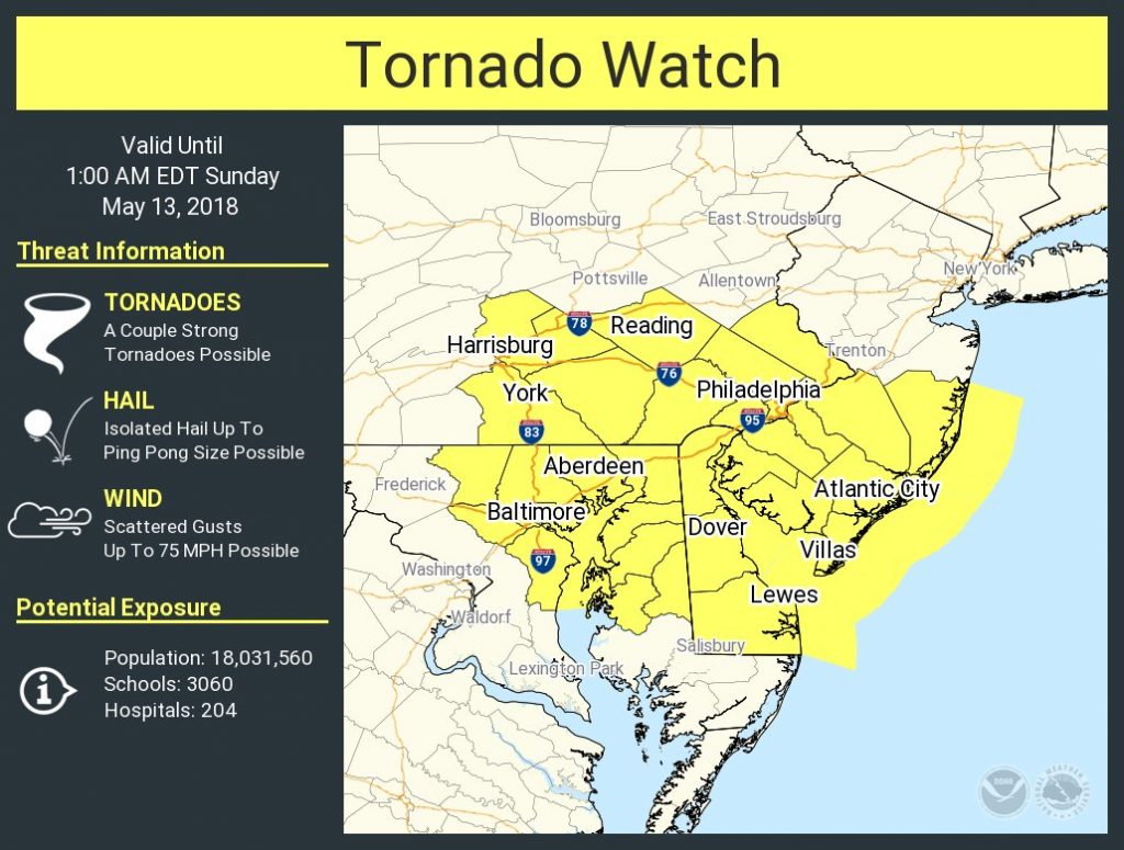 Tornado Watch is in effect in the yellow area. Image: NWS
