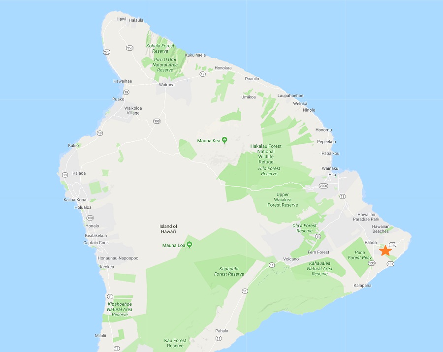 There are reports of a new volcanic eruption in eastern Hawaii, well east of Hawaii Volcanoes National Park, south of Hilo. Image: Google