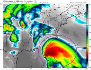 This is a simulated IR satellite view created off of American GFS forecast data. It shows a storm system, possibly a tropical cyclone of some sort, near Florida at the end of the month. Image: Tropicaltidbits.com