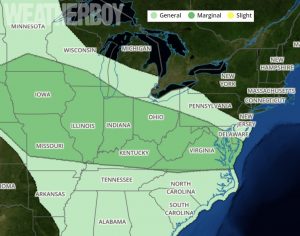 The Convective Outlook from the National Weather Service's Storm Prediction Center shows a marginal threat of severe weather on Saturday for portions of the Ohio Valley and Mid Atlantic. Image: Weatherboy.com