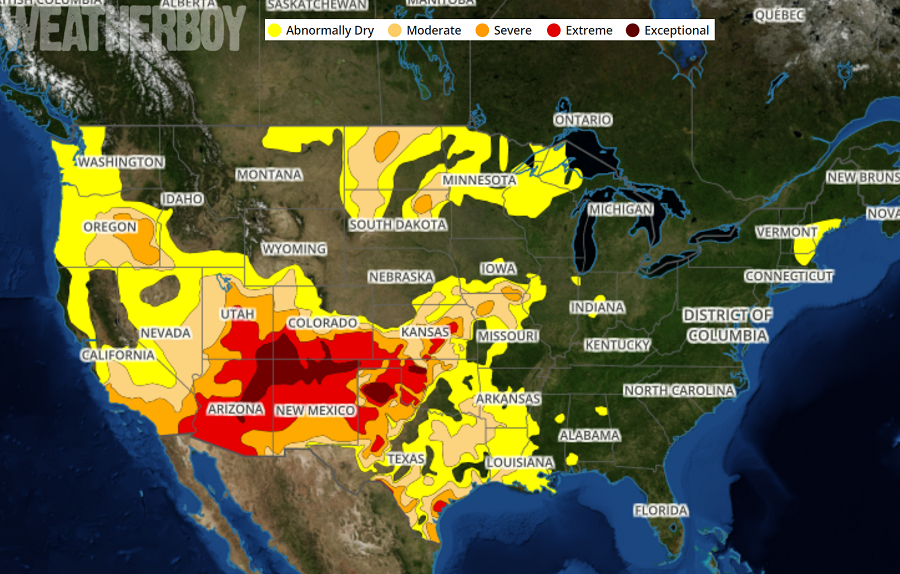 Today's Drought Monitor update shows bad drought conditions getting worse in the west while the East continues to improve. Image: weatherboy.com