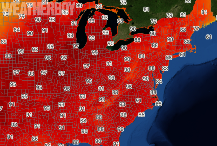 Forecast high temperatures for Sunday, June 17; temperatures will be warmer on Monday, June 18, while humidity levels will make it feel even warmer. Image: weatherboy.com