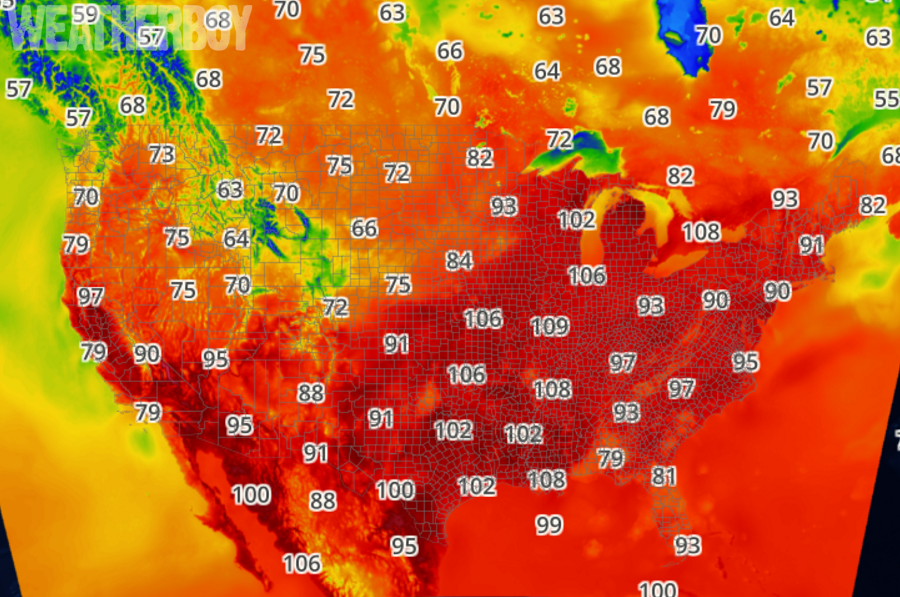 Current heat index map shows that even after 6pm ET, extremely hot/humid conditions persist over a very large part of the country.  Image: weatherboy.com