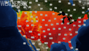 Forecast temperatures for Saturday are in the 90's or higher for a large part of the country. When combined with humidity, it'll even feel more hot. Image: weatherboy.com