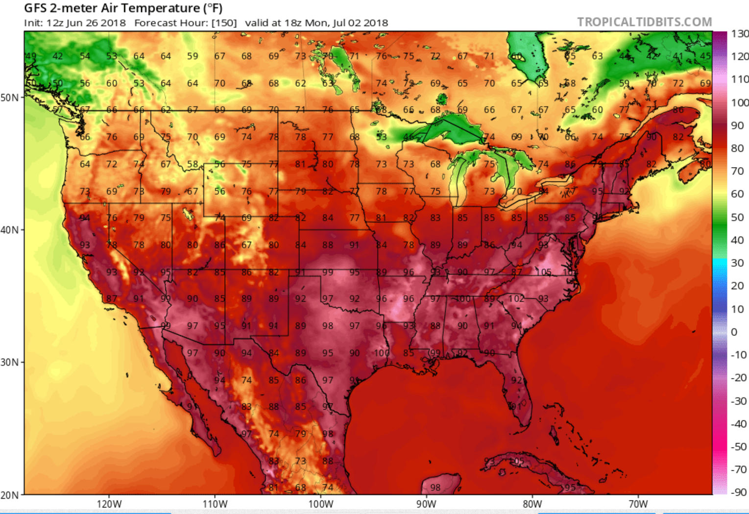 Air temperatures will rise into the 90's and 100's in parts of the country, as this computer generated model forecast suggests for July 2. Image: TropicalTidbits.com