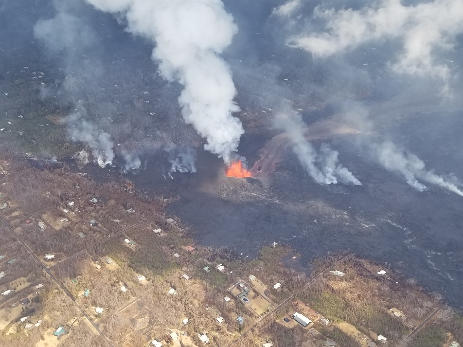 In 2018, fissures erupted in the populated area of Kilauea's Lower East Rift Zone, inundating homes and towns under a river of lava. Image: Weatherboy