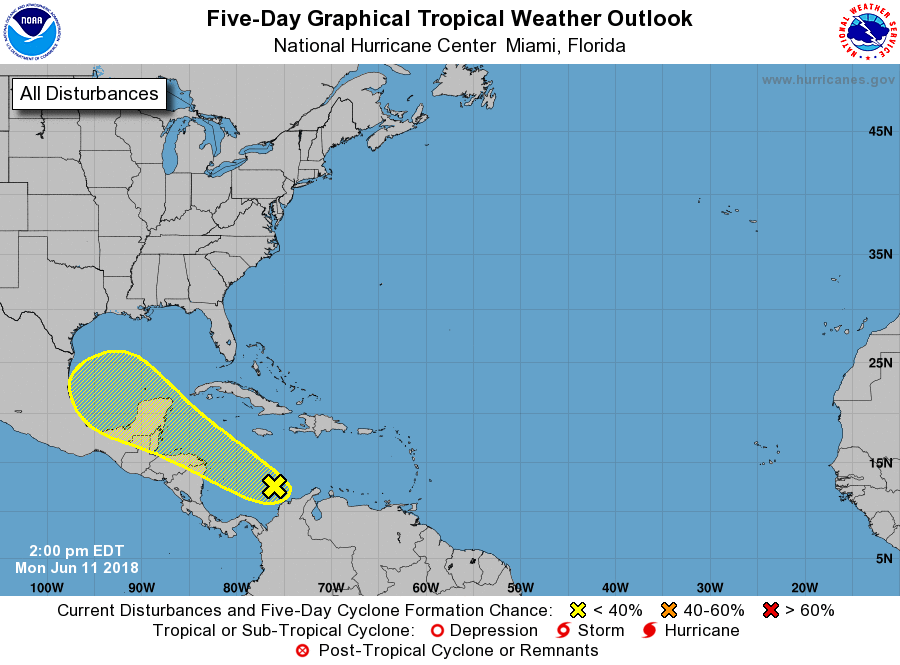The National Hurricane Center's 5 day forecast includes an area being observed for possible development in the Gulf of Mexico over time. Image: NHC