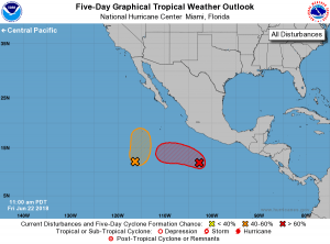 While the Atlantic is quiet, the National Hurricane Center is monitoring two areas that could develop into a tropical cyclone over time in the Eastern Pacific. Image: NHC