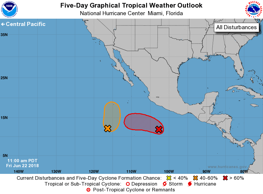 While the Atlantic is quiet, the National Hurricane Center is monitoring two areas that could develop into a tropical cyclone over time in the Eastern Pacific.  Image: NHC