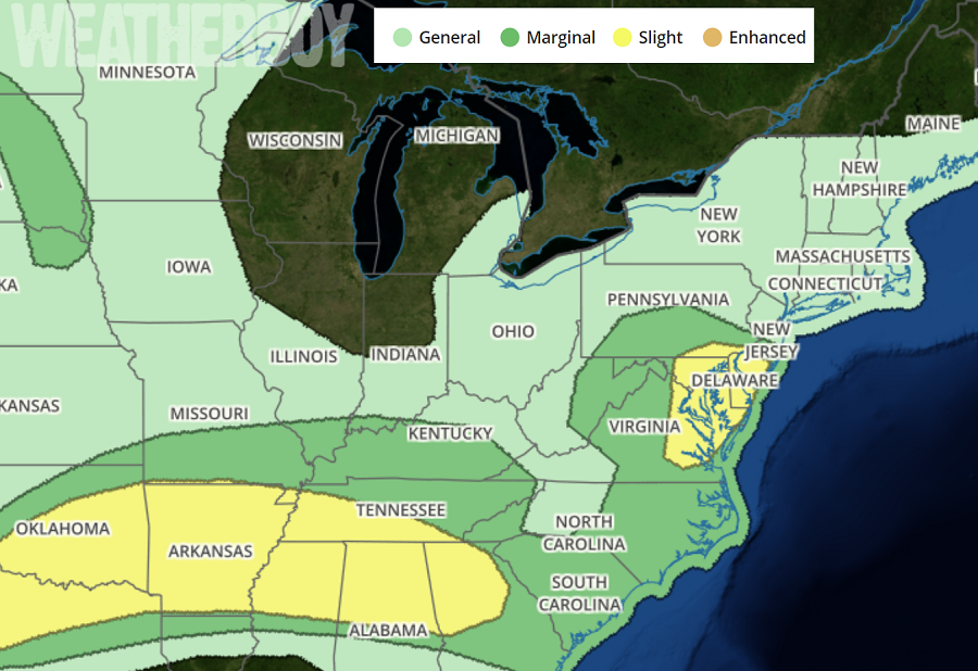 The Convective Outlook for today shows an area of severe weather possible over both portions of the South and the Mid Atlantic. Image: Weatherboy.com