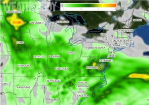 A soggy weekend is in store for the northeast, where more than 3" of rain could fall in places. Image: Weatherboy.com
