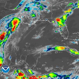 Current colorized IR satellite view of the Gulf of Mexico shows cold cloud tops generating heavy rain over the Texas coast. Image: NWS/NOAA